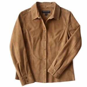 Bernardo Light Brown Carmel Suede Leather Snap Front Collared Shirt EUC Video L